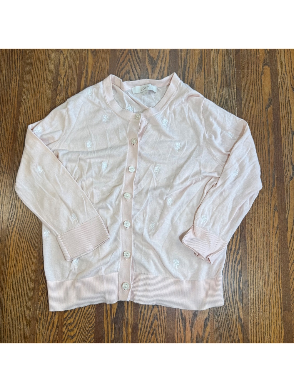 Loft Pink Knit Cardigan Sweater Size L White Floral Rose Embroidered 3/4 Sleeve